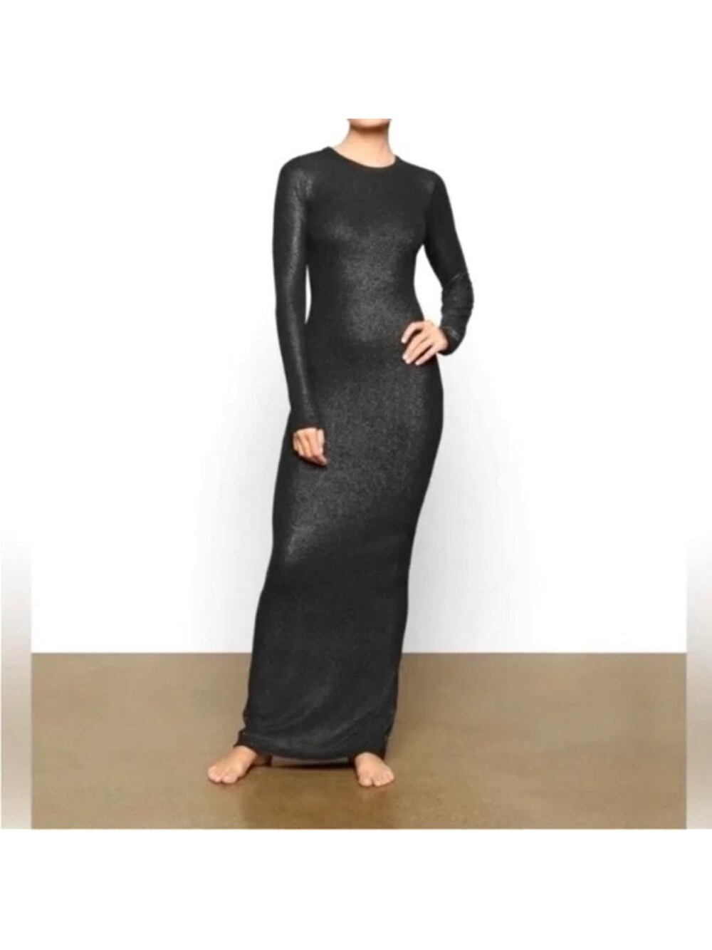 SKIMS Black Long-Sleeve Crew Neck Maxi Dress